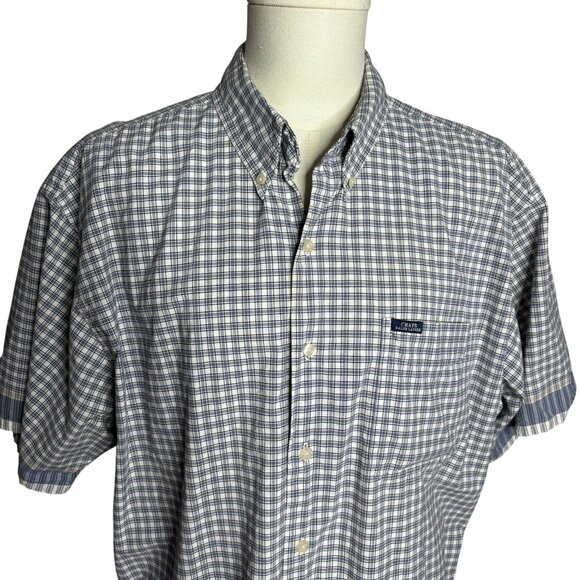 Chaps Button Down Short Sleeve Camp Shirt XL Blue White Checkered Cotton Pocket - Picture 2 of 6